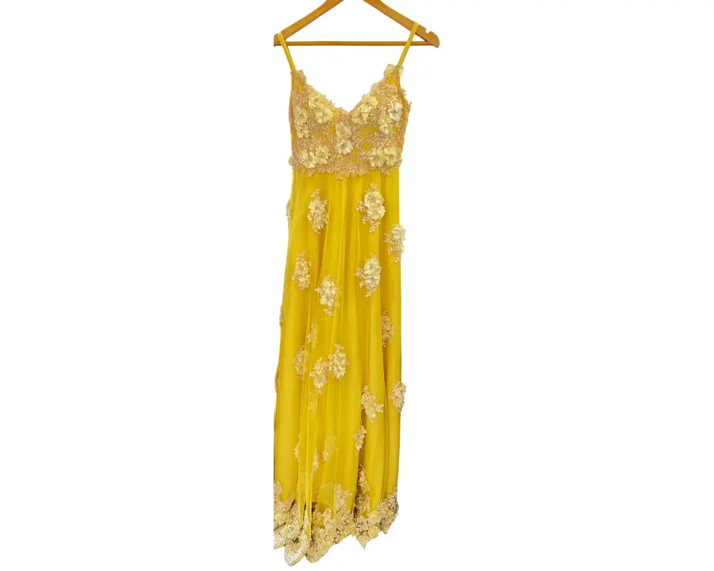Vestido amarillo tul bordado flores 3D EZLA01